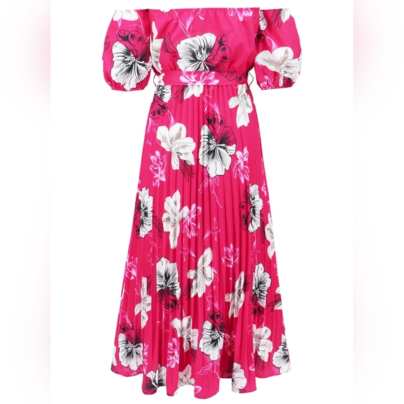 Pleated Floral Off-Shoulder Short Sleeve Midi Dress - Picture 6 of 8